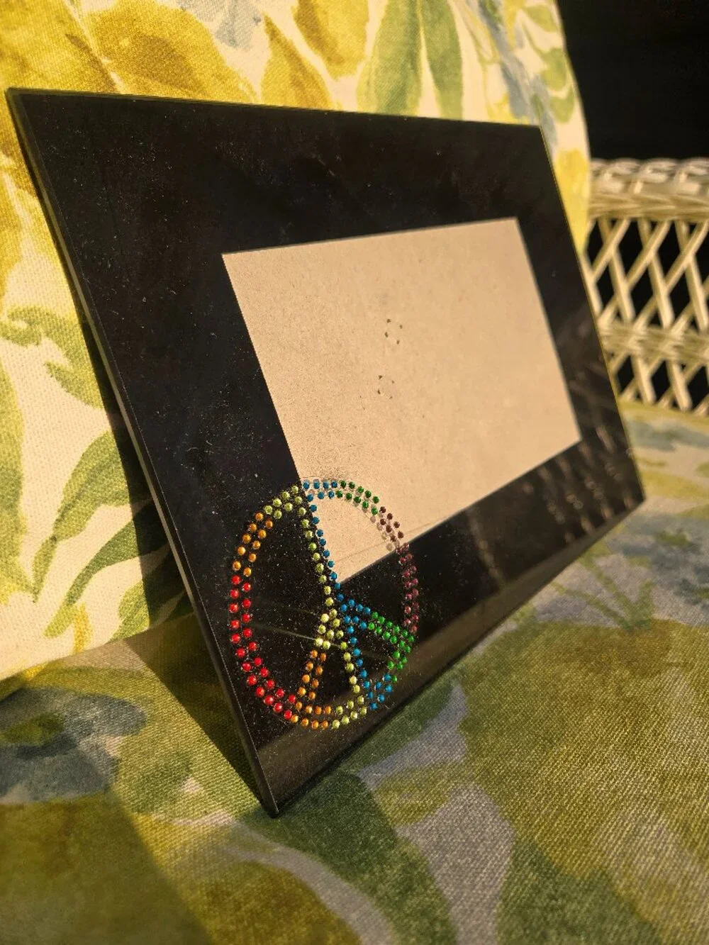 Retro y2k Rainbow Rhinestone Peace Sign Photo Frame - Glossy Black Glass
